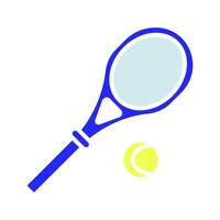 Tennis einstellen Symbol. Blau Schläger, Gelb Ball, Sport Ausrüstung, Spiel, Wettbewerb, Fitness, Erholung, draussen Aktivität, passen, sportlich. vektor