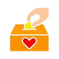 donation ikon. hand placering mynt i låda med hjärta, välgörenhet, ger, filantropi, hjälp, donation, bidrag. vektor