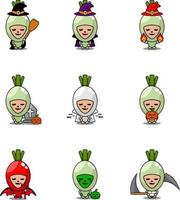 Vektor-Cartoon-Figur Gemüse Frühlingszwiebel Maskottchen Halloween Kostüm Bundle Set vektor