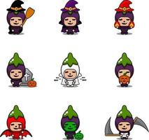 vektor seriefigur vegetabiliska aubergine maskot kostym halloween bunt set