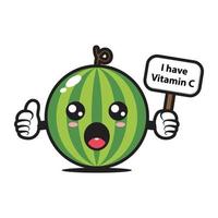 Süßes Wassermelonen-Maskottchen, das ein Schild mit der Aufschrift "Ich habe Vitamin C" hält vektor