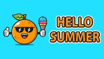 orangefarbenes Maskottchen mit Sonnenbrille und Eis mit Hallo Sommergrußbanner vektor