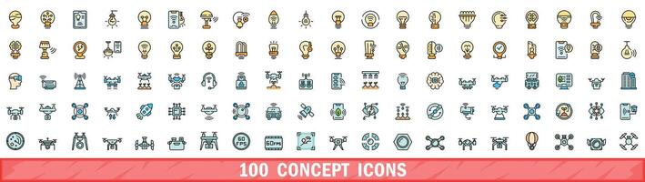 100 begrepp ikoner uppsättning, Färg linje stil vektor