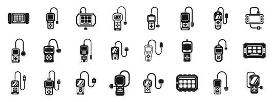 bil diagnostisk scanner ikoner uppsättning . en samling av elektronisk enheter, Inklusive en cell telefon, en läsplatta vektor