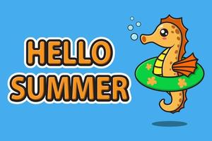 Seepferdchen süßes Maskottchen mit Gummischwimmring mit Hallo Sommergrußbanner vektor