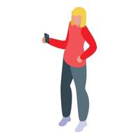 isometrisch Illustration von ein Frau mit blond Haar Stehen während mit ein Smartphone vektor