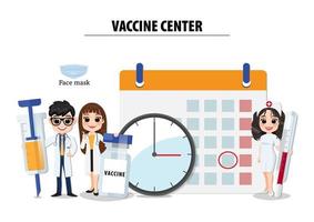 Vektor des Impfkonzepts mit medizinischen flachen Symbolen. Arzt, Krankenschwester, Impfstoff, Virus, Spritze, Desinfektionsmittel, Injektion auf weißem Hintergrund