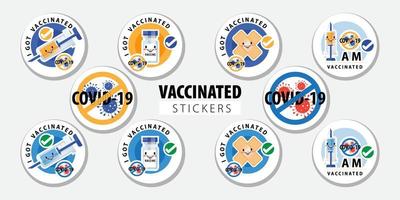 vaccinerad klistermärke eller vaccinationsrunda märken med citat - jag blev covid-19-vaccinerad, jag är covid-19-vaccinerad. coronavirus vaccin klistermärken med medicinsk gips vektorillustration vektor