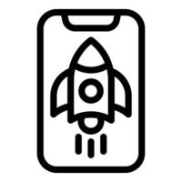 schwarz und Weiß Symbol von ein Rakete Schiff auf ein Handy, Mobiltelefon Telefon Bildschirm vektor