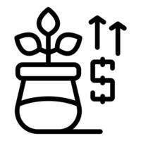 enkel svart ikon illustrerar investering tillväxt med växt och uppåt pilar med dollar tecken vektor