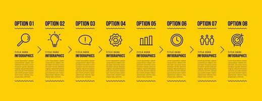 business infographic malldesign med 8 alternativ, affärsdata visualisering steg koncept, tunn linje ikoner stil på gul bakgrund vektor