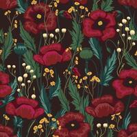 Mohn, wild Blumen Hand gezeichnet nahtlos Muster. abstrakt botanisch Skizzen von Feld Pflanzen. farbig Jahrgang Blumen- Hintergrund. sanft Design zum Hintergrund, Stoff, drucken, Dekor, Textil, wickeln vektor