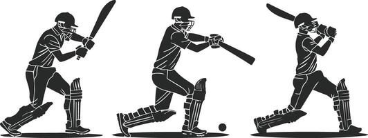 uppsättning av slagman silhuett spelar cricket på de fält. svart och vit vektor