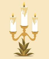 dekorativ ljus för Hem. brand och ljus, ljus, lampa, ljusstake. ljus i en ljusstake omgiven förbi grönska växt löv. antik historisk ljus. ikon logotyp vektor