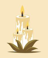 dekorativ Kerzen zum heim. Feuer und Licht, Kerzen, Lampe, Leuchter. Kerze Kunst umgeben durch Grün Pflanze Blätter. ein alt historisch Kerze wie ein Geschenk. Symbol Logo vektor
