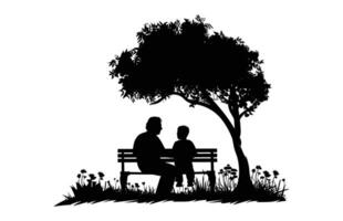 Papa und Sohn Sitzung auf ein Park Bank unter ein Baum Silhouette schwarz Clip Kunst vektor