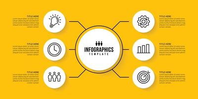 arbetsflöde infographic malldesign med 6 alternativ på gul bakgrund, affärsdata visualisering koncept vektor