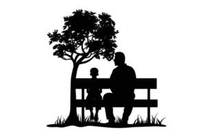 Papa und Sohn Sitzung auf ein Park Bank unter ein Baum Silhouette schwarz Clip Kunst vektor