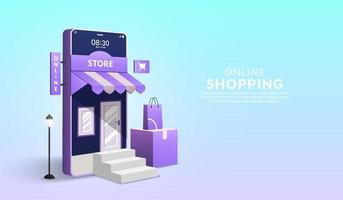 Konzept des Online-Shoppings auf Website und mobiler Anwendung, 3D-Smartphone in Form eines Mini-Shops mit Einkaufstasche vektor