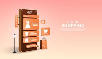 online shopping på mobilapplikationskoncept, digital marknadsföring online, 3d smartphone med shoppingväska vektor