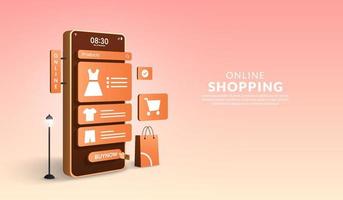 Online-Shopping auf mobilem Anwendungskonzept, digitales Marketing online, 3D-Smartphone mit Einkaufstasche vektor