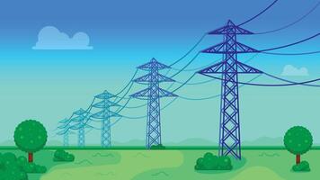 Getriebe Leistung Linien mit schön Landschaft. elektrisch Türme im ein Feld, Energie Verteilung Konzept. vektor