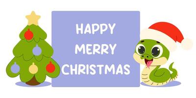 süß Karikatur Grün Schlange im ein Santa Hut und Weihnachten Baum. fröhlich Weihnachten. Illustration auf Weiß Hintergrund. vektor
