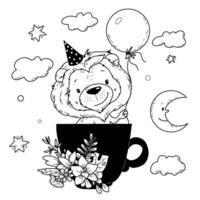 Illustration, Löwe im ein Tasse mit ein Ballon im Handzeichnung Gekritzel Stil vektor