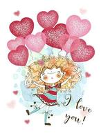 ett alla hjärtans dag-kort. söt tjej med ballonger i form av hjärtan. var min valentin. vektor. vektor