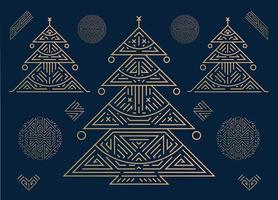 Vektor Frohe Weihnachten und ein glückliches neues Jahr goldene Grußkarte, Banner, Poster, Hintergrund. Art-Deco-geometrische Weihnachtskarte auf marineblauem Hintergrund. linearer glänzender Weihnachtsbaum