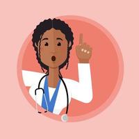 en kvinnlig läkare med afroamerikanskt utseende tittar ut ur hörnet med fingret höjt. påkallar uppmärksamhet. varnar för faran. påkalla uppmärksamhet. röd bakgrund. vektor