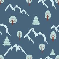 sömlös jul mönster med träd, snöflingor. vinterskogslandskap. hand ritning vektor illustration. platt tecknad illustration. för barn textil, omslagspapper, tapeter, omslagspapper