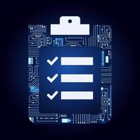 Urklipp med checklista ifylld av elektronisk krets. blå och gradient bakgrund. vektor