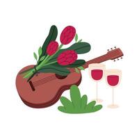Sommer- romantisch Picknick Konzept. Gitarre, Wein und Blumen. eben Illustration isoliert auf Weiß Hintergrund. vektor