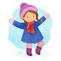 flicka som bär kappa och halsduk går i vintersnö vektor