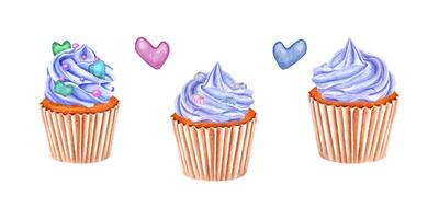 Muffin dekoriert mit Blau ausgepeitscht Creme. Cupcake mit Baiser und Süss Sträusel. Obst Herz geformt Karamell. gebacken Kuchen im Papier Verpackung. Aquarell Illustration zum Paket, Speisekarte vektor
