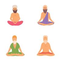 männlich Yogi Symbole einstellen Karikatur . meditieren Mann im Yoga Lotus Pose vektor