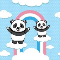 söt panda karaktär, sött leende uttryck med upphöjd hand, regnbåge och moln bakgrund lämplig för tapeter, t-shirt och andra designbehov. vektor