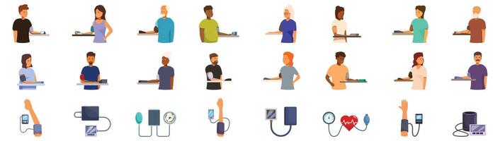 messen Blut Druck Symbole einstellen . ein Sammlung von Menschen mit verschiedene medizinisch Geräte vektor