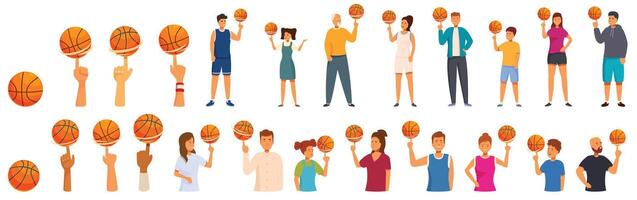 spinning boll finger ikoner uppsättning . en grupp av människor innehav basketbollar i olika poser vektor