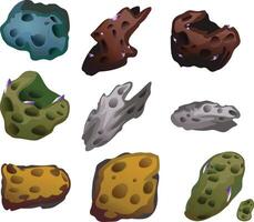 fantasi flygande öar för 2d ui spel design. tecknad serie uppsättning av plattformar av sten bitar med vulkan, lava och magi kristaller. grafisk tillgångar för spel eller mobil app med flytande öar vektor