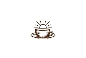 Vintage Retro-Sonnenaufgang-Morgen mit Kaffeetasse für Café-Bistro-Restaurant-Logo-Design-Vektor vektor