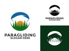 skärmflygning flygande sporter logotyp , hög äventyr skärmflygning med skog logotyp design mall vektor