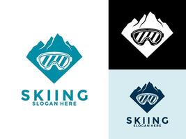 Skifahren und Winter Sport Logo , Snowboard oder Ski mit Brille und Berg Logo Design Vorlage vektor