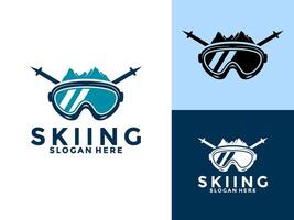 skidåkning och vinter- sporter logotyp , snowboard eller åka skidor med glasögon och berg logotyp design mall vektor