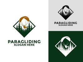 skärmflygning flygande sporter logotyp , hög äventyr skärmflygning med skog logotyp design mall vektor