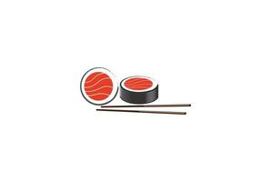 japanisches Sushi mit Essstäbchen für orientalischen Meeresfrüchte-Logo-Design-Vektor vektor