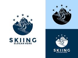 skidåkning och vinter- sporter logotyp mall, snowboard eller åka skidor logotyp med skidåkare och berg vektor