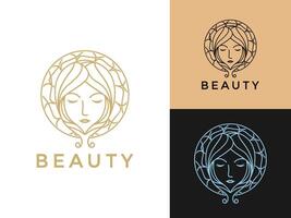 Frauen Schönheit mit Blume Logo Design, Linie Kunst natürlich Schönheit Frauen Gesicht und Haar mit Blume Logo Vorlage vektor