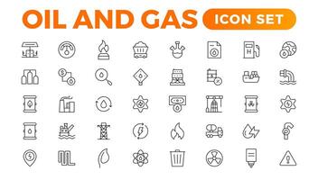 einstellen von Öl Gas Industrie Linie Symbole. enthält eine solche Symbole wie Gas Bahnhof, Öl Fabriken, Transport, und mehr. Linie Symbol Satz. vektor